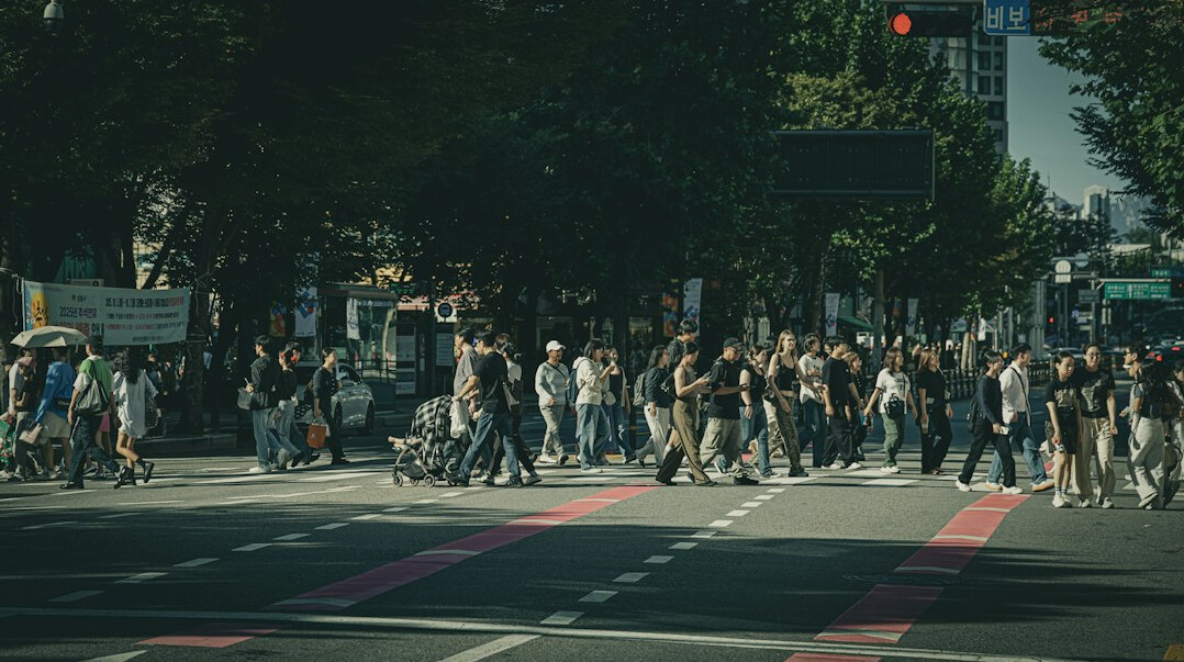 crowd of people walking on busy street