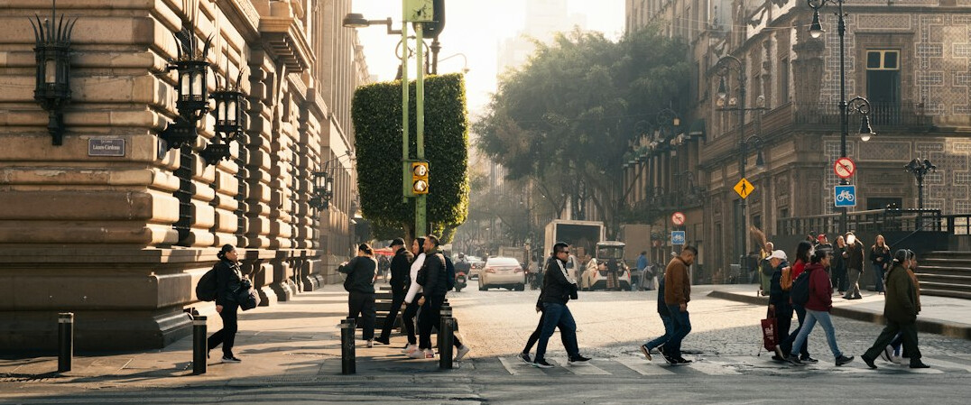 morning city street with commuters